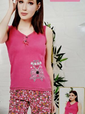 Pijamale dame din bumbac 90% si 10% lycra maieu cu imprimeu  si pantalon scurt  , ROZ ,  Cod PFBV11077