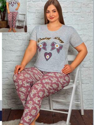 Pijamale din bumbac pentru dame, MARIMI MARI – BLUZA GRI cu imprimeu si pantalon LUNG,  Cod produs PFR 4808