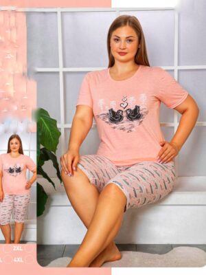Pijamale din bumbac pentru dame, MARIMI MARI – BLUZA  cu imprimeu LEBEDE si pantalon TREISFERT ,  Cod produs PFRM7