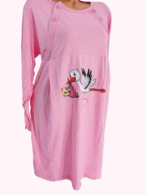 Camasa de noapte din bumbac 100% pentru gravide,  cu imprimeu  BARZA, culoare ROZ DESCHIS   Cod Produs :  CG68