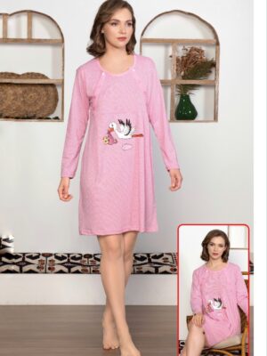 Camasa de noapte din bumbac 100% pentru gravide,  cu imprimeu  BARZA, culoare ROZ DESCHIS  CU BULINE Cod Produs :  CG103