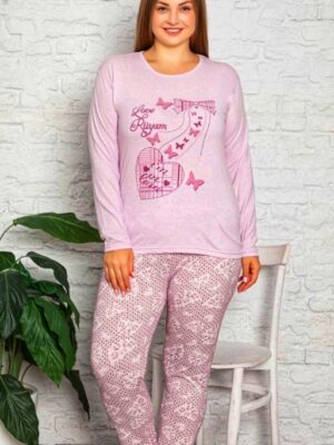 Pijamale din bumbac pentru dame, MARIMI MARI – BLUZA MOV DESCHIS cu imprimeu  si pantalon  LUNG ,  Cod produs PFRM108