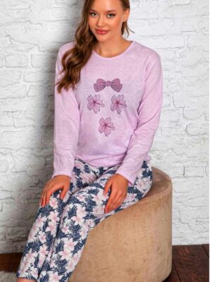Pijamale din bumbac pentru dame,BLUZA MOV DESCHIS cu imprimeu  si pantalon  LUNG ,  Cod produs PFR133