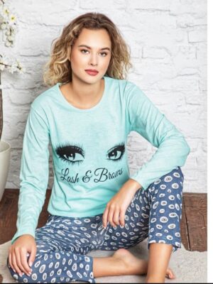 Pijamale din bumbac pentru dame,BLUZA VERDE DESCHIS cu imprimeu si pantalon  LUNG ,  Cod produs PFR126