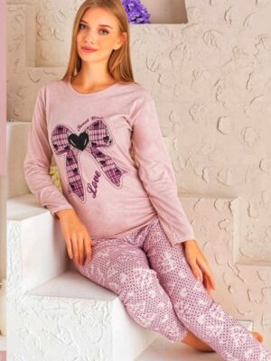 Pijamale din bumbac pentru dame,BLUZA MOV DESCHIS cu imprimeu  si pantalon  LUNG ,  Cod produs PFR146