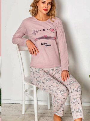 Pijamale din bumbac pentru dame,BLUZA MOV DESCHIS cu imprimeu  si pantalon  LUNG ,  Cod produs PFR143