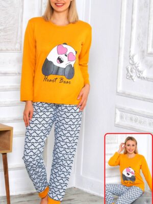 Pijamale din bumbac 100% groase, pentru dama bluza  GALBEN cu imprimeu URSULET, pantaloni lungi cu manseta  ,  Cod PRODUS : PFB1620