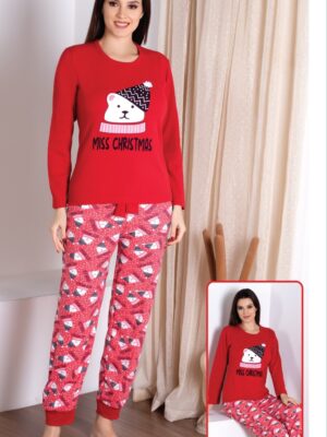 Pijamale din bumbac 100% groase, pentru dama bluza  ROSU cu imprimeu MISS CHRISTMAS, pantaloni lungi cu manseta  ,  Cod PRODUS : PFB150