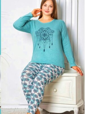 Pijamale  , MARIMI MARI – BLUZA VERDE  DESCHIS cu imprimeu  si pantalon  LUNG ,  Cod produs PFRM230