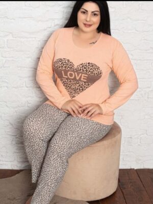 Pijamale  pentru dame, MARIMI MARI – BLUZA PORTOCALIU DESCHIS  cu imprimeu INIMA  si pantalon  LUNG ,  Cod produs PFRM237