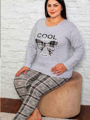 Pijamale  pentru dame, MARIMI MARI – BLUZA GRI cu imprimeu FUNDITA si pantalon  LUNG ,  Cod produs PFRM235