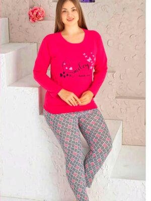 Pijamale pentru dame, MARIMI MARI – BLUZA ROZ TICLAM  cu imprimeu  si pantalon  LUNG ,  Cod produs PFRM233