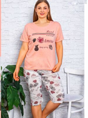 Pijamale din bumbac pentru dame,  tricou PORTOCALIU DESCHIS  cu imprimeusi pantalon TREISFERT,  Cod PFRV244