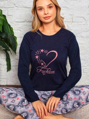 Pijamale din bumbac pentru dame, BLUZA BLEUMARIN cu imprimeu INIMA si pantalon  LUNG ,  Cod produs PFR232