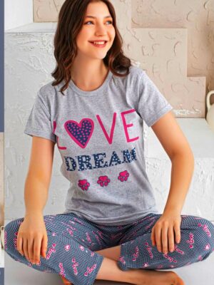 Pijamale dame din bumbac , tricou ROZ GRI cu imprimeu LOVE DREAM si pantalon lung ,  Cod PFRV248