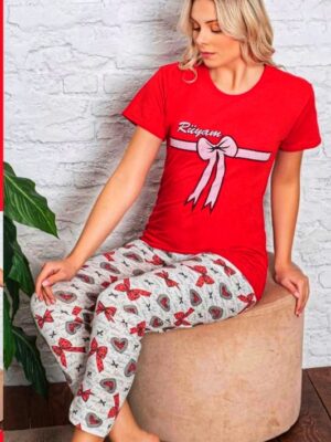 Pijamale dame din bumbac , tricou ROSU cu imprimeu FUNDITA    si pantalon lung ,  Cod PFRV245