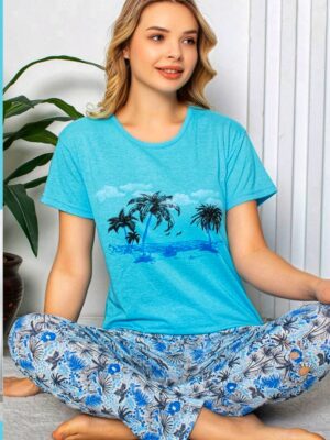 Pijamale dame din bumbac , tricou TURCOAZ cu imprimeu PALMIERI   si pantalon lung ,  Cod PFRV246