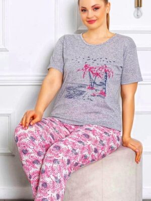 Pijama  pentru dame,  tricou GRI cu imprimeu  SI pantalon LUNG,  Cod PFRV363