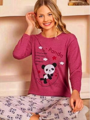 Pijama pentru dame, BLUZA PLAMANIU cu imprimeu URSULETI  PANDA si pantalon  LUNG ,  Cod produs PFR408