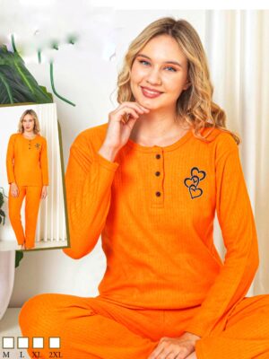 Pijamale din molton pentru dame,  GROASE- BLUZA PORTOCALIU cu imprimeu si pantalon  LUNG ,  Cod produs PFR411