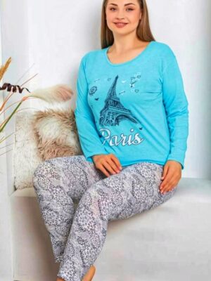 Pijamale  pentru dame, MARIMI MARI – BLUZA ALBASTRU cu imprimeu paris si pantalon  LUNG ,  Cod produs PFRM403