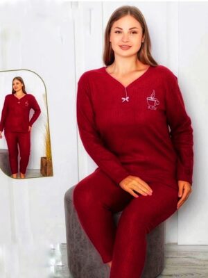 Pijamale din molton pentru dame, MARIMI MARI GROASE- BLUZA VISINIU INCHIS cu imprimeu si pantalon  LUNG ,  Cod produs- PFRM 510