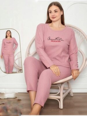 Pijamale din molton pentru dame, MARIMI MARI GROASE- BLUZA ROZ cu imprimeu si pantalon  LUNG ,  Cod produs- PFRM 512