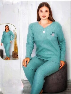 Pijamale din molton pentru dame, MARIMI MARI GROASE- BLUZA VERDE cu imprimeu si pantalon  LUNG ,  Cod produs- PFRM 511