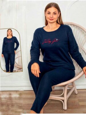 Pijamale din molton pentru dame, MARIMI MARI GROASE- BLUZA ALBASTRU INCHIS cu imprimeu si pantalon  LUNG ,  Cod produs- PFRM 506