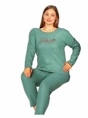 Pijamale din molton pentru dame, MARIMI MARI GROASE- BLUZA VERDE cu imprimeu si pantalon  LUNG ,  Cod produs PFRM481
