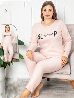 Pijamale  pentru dame, MARIMI MARI GROASE- BLUZA  ROZ DESCHIS cu imprimeu si pantalon  LUNG ,  Cod produs- PFRM 522