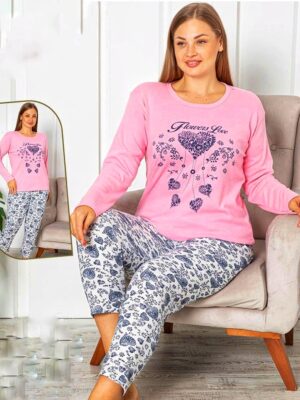 Pijamale  pentru dame, MARIMI MARI GROASE- BLUZA  cu imprimeu si pantalon  LUNG , ROZ,  Cod produs- PFRM 557