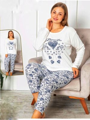 Pijamale  pentru dame, MARIMI MARI GROASE- BLUZA  cu imprimeu si pantalon  LUNG , ALB,  Cod produs- PFRM 556