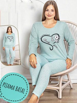 Pijamale  pentru dame, MARIMI MARI – BLUZA VERDE cu imprimeu INIMA  si pantalon  LUNG ,  Cod produs – PFRM 555