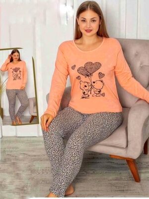 Pijamale  pentru dame, MARIMI MARI – BLUZA PORTOCALIU cu imprimeu URSULETI si pantalon  LUNG ,  Cod produs – PFRM 562