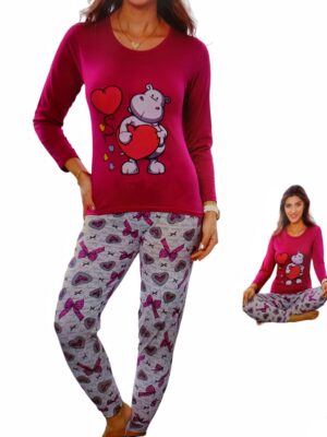 Pijamale din bumbac 100%  pentru dama,  bluza ROZ INCHIS cu imprimeu inimioare, pantaloni lungi cu manseta  ,  Cod PRODUS : PFB 574