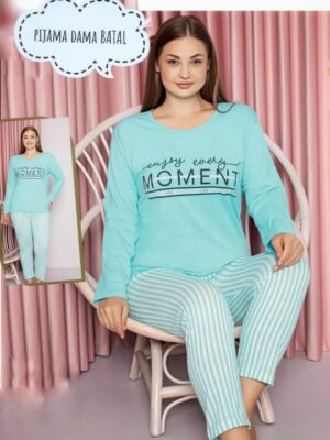 Pijamale  pentru dame, MARIMI MARI – BLUZA TURCOAZ cu imprimeu si pantalon  LUNG ,  Cod produs – PFRM 660