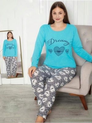 Pijamale  pentru dame, MARIMI MARI – BLUZA ALBASTRU cu imprimeu si pantalon  LUNG ,  Cod produs – PFRM 661