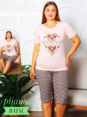 Pijama pentru dame,  tricou ROZ PUDRA cu imprimeu , pantalon TREISFERT  Cod PFRV1006