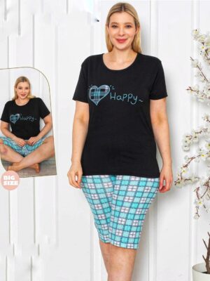 Pijama pentru dame,  tricou NEGRU  cu imprimeu , pantalon TREISFERT  Cod PFRV1004