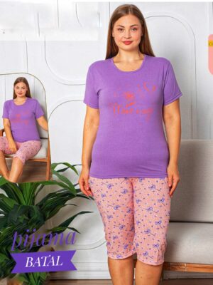 Pijama pentru dame,  tricou MOV cu imprimeu,  pantalon TREISFERT  Cod PFRV1001