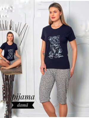 Pijama dama ,   tricou NEGRU cu imprimeu si pantalon treisfert ,  Cod PFRV1029