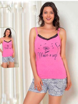 Pijama dama ,maieu cu IMPRIMEU si pantalon scurt, ROZ ,  Cod PFRV1022