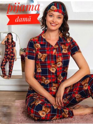 Pijama dama , calitate superioara, tricou cu imprimeu URSULETI si pantalon LUNG , Cod PFRV1036
