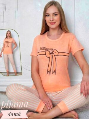 Pijama dama ,   tricou PORTOCALIU cu imprimeu FUNDITA  si pantalon LUNG ,  Cod PFRV1035