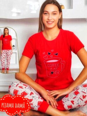 Pijama dama ,   tricou ROSU cu imprimeu si pantalon LUNG ,  Cod PFRV1032