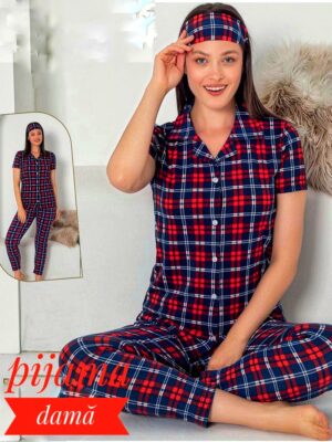 Pijama dama , calitate superioara, tricou cu imprimeu carouri si pantalon LUNG , Cod PFRV1038