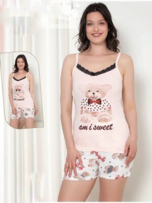 Pijama dama ,maieu cu IMPRIMEU  URSULET si pantalon scurt, ROZ DESCHIS ,  Cod PFRV1024