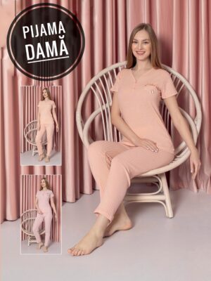 Pijama dama ,   tricou ROZ PUDRA si pantalon LUNG ,  Cod PFRV1041 CROI SLIM