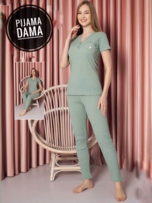 Pijama dama ,   tricou VERDE si pantalon LUNG ,  Cod PFRV1043 CROI SLIM